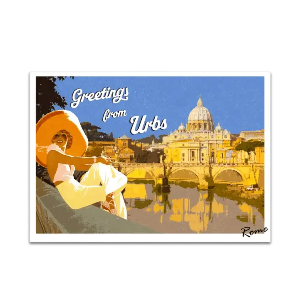 Illustrazione stilizzata del Lungotevere romano con la scritta "Greeting from Urbs"