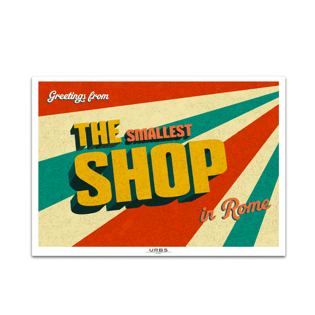 Illustrazione grafica di un'insegna "The Smallest Shop" con colori vivaci e stile retrò