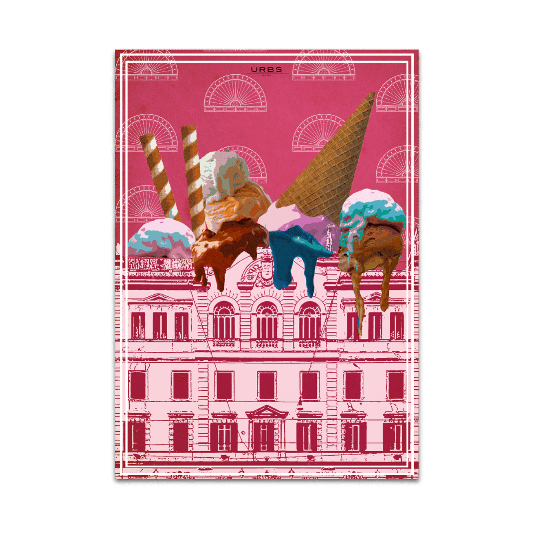 Illustrazione di un gelato sciolto multigusto su sfondo di un palazzo storico di Roma