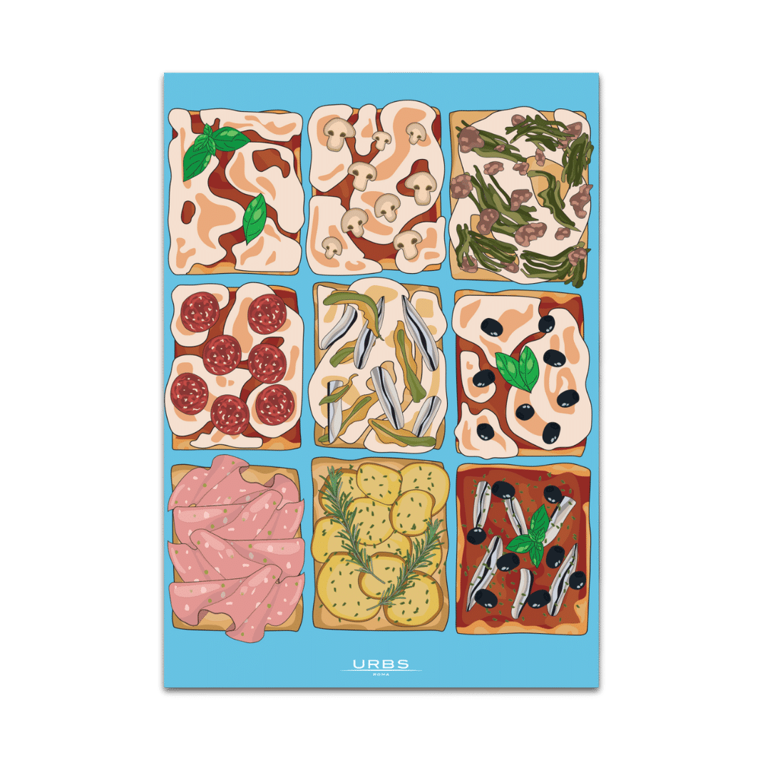 Illustrazione stilizzata di una pizza al taglio con vari condimenti