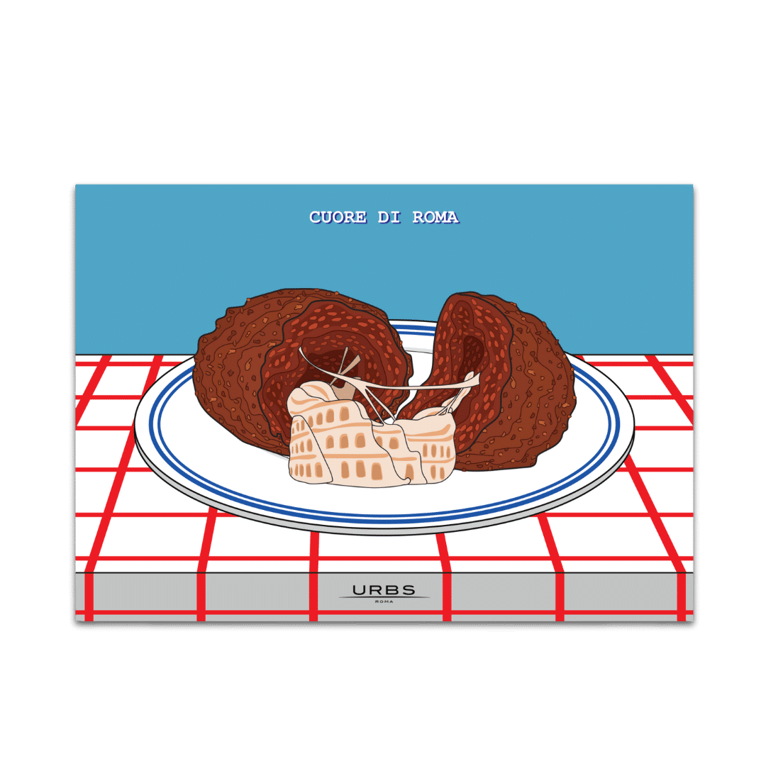 Illustrazione di un supplì diviso in due, con filamenti di formaggio che formano il profilo del Colosseo